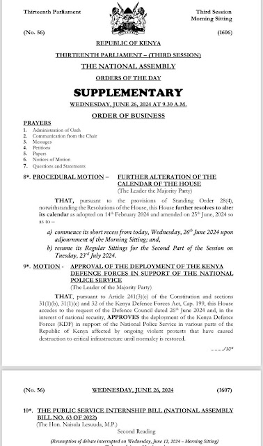Only 30minutes! Parliament approves President Ruto’s request to use military to Finance Bill 2024 protesters
