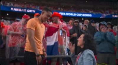 A woman proposed to her boyfriend during the Tunisia vs. Netherlands FIFA World Cup match in Kansas City.