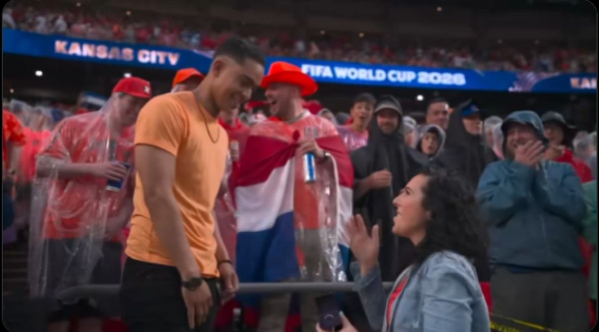 A woman proposed to her boyfriend during the Tunisia vs. Netherlands FIFA World Cup match in Kansas City.